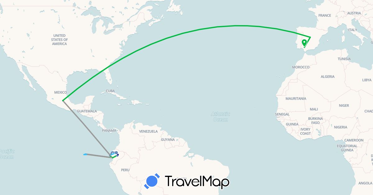 TravelMap itinerary: driving, bus, plane, cycling, boat in Ecuador, Spain, Mexico (Europe, North America, South America)